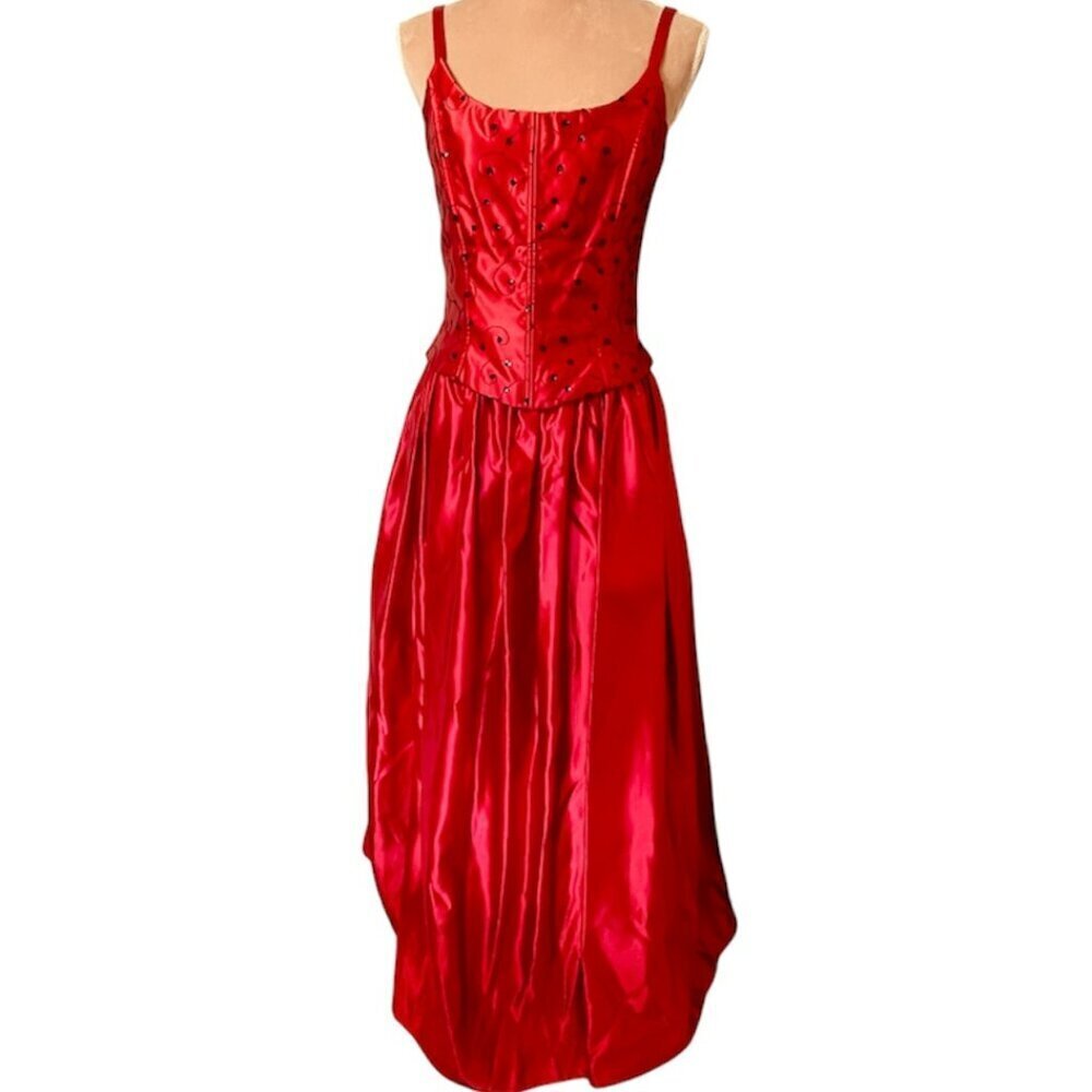 Jessica McClintock Ball Gown Vintage 90s Red Satin Corset Formal Prom 9/10 Small - Picture 2 of 14